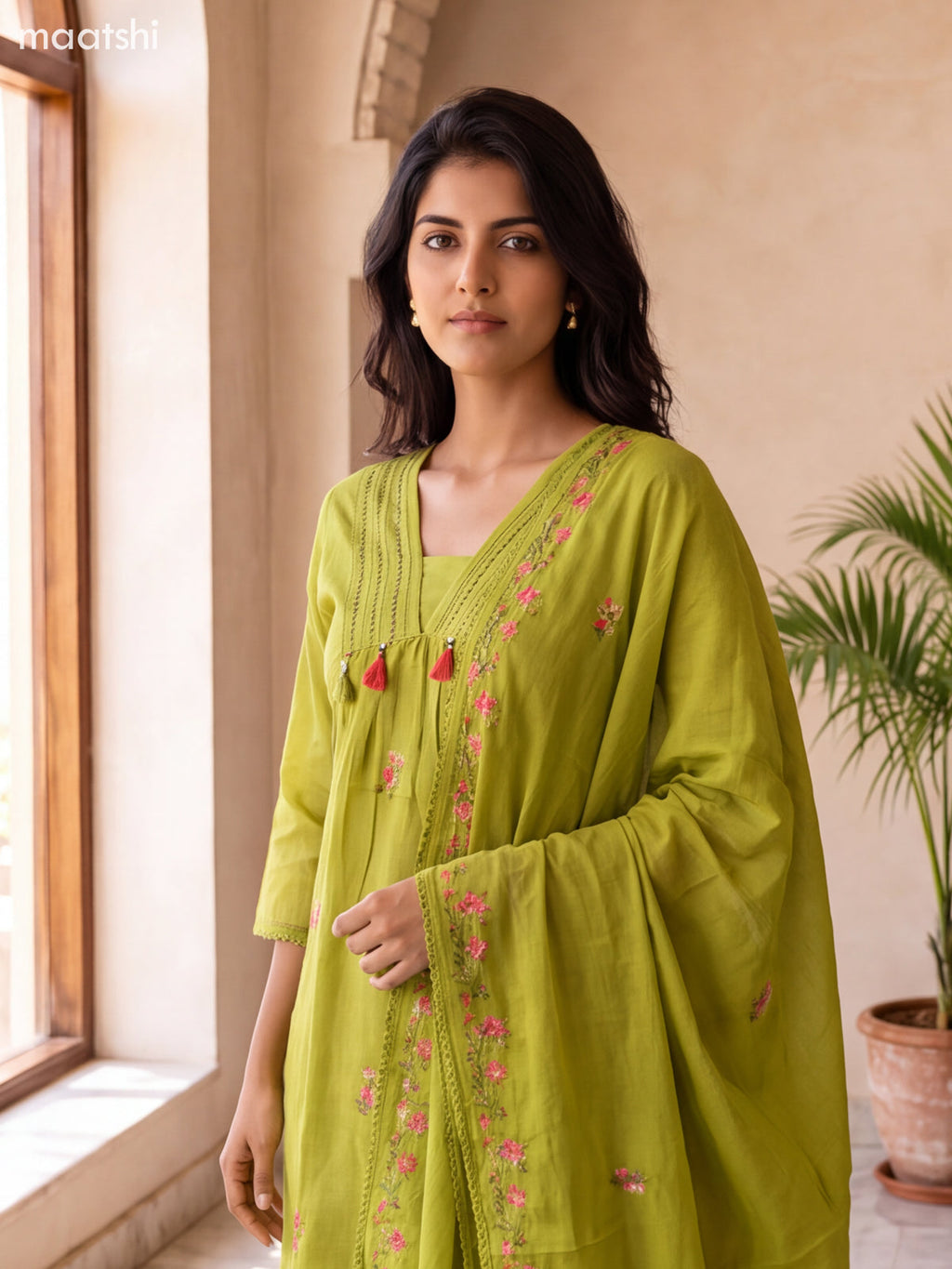 Olive Green Cotton Embroidery Work Neck Pattern Anarkali Suit