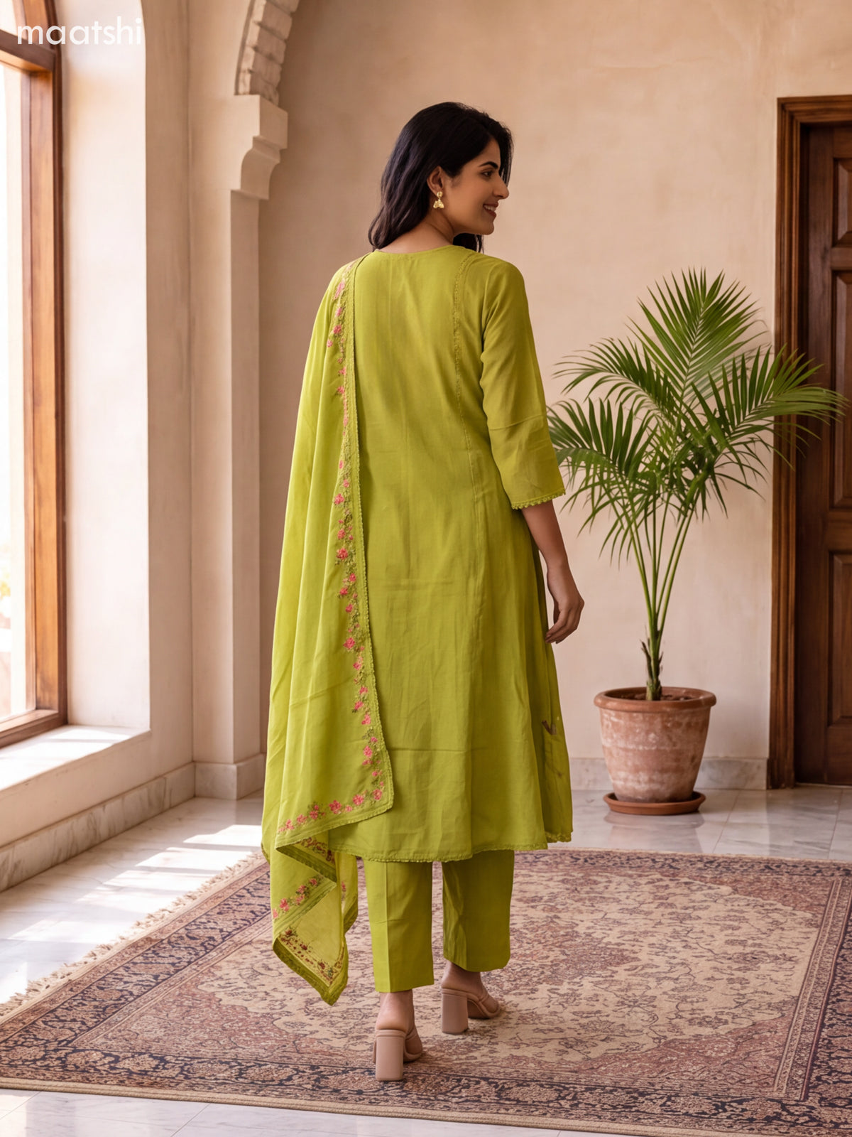Olive Green Cotton Embroidery Work Neck Pattern Anarkali Suit