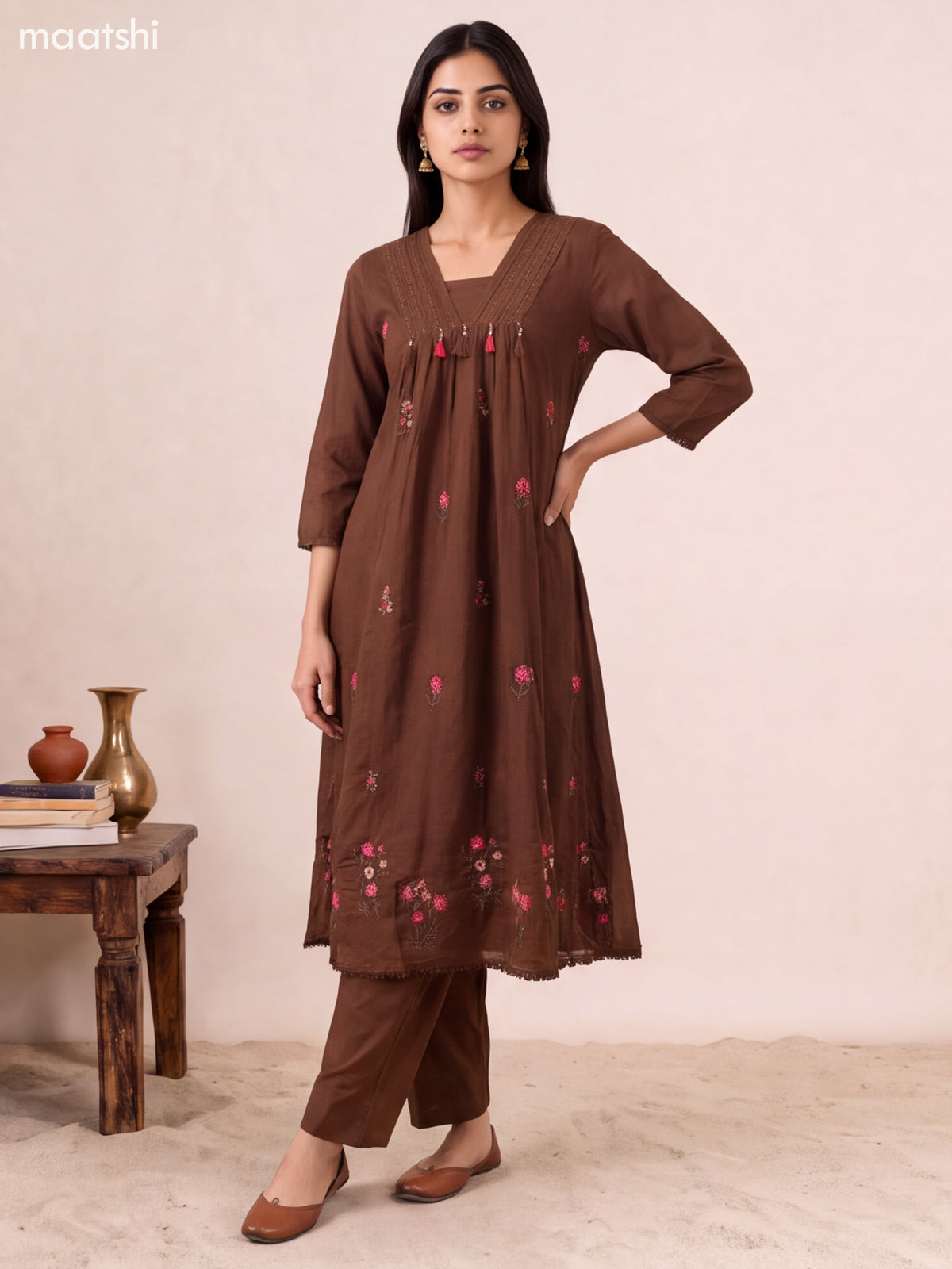 Brown Cotton Embroidery Work Neck Pattern Anarkali Suit