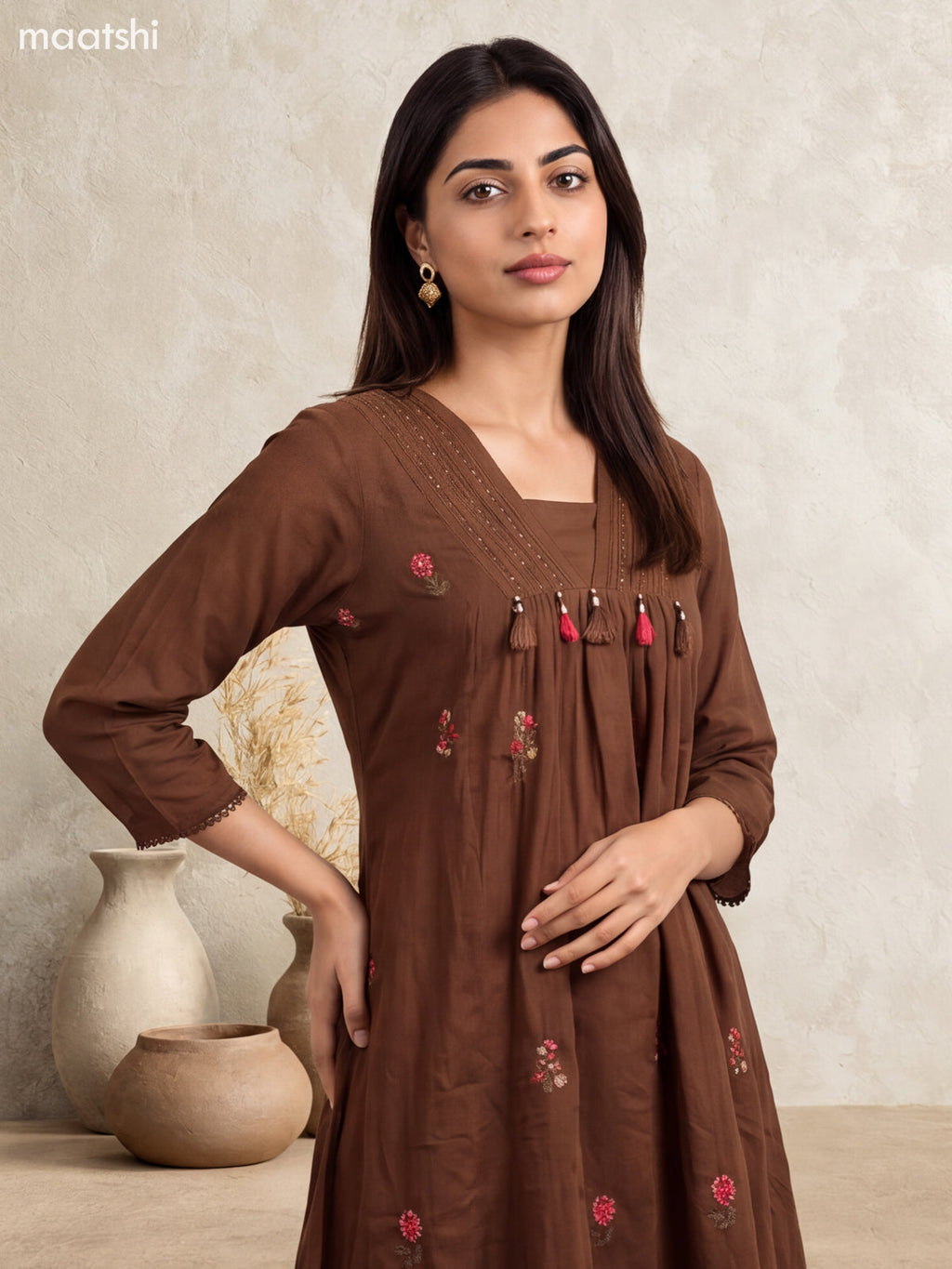 Brown Cotton Embroidery Work Neck Pattern Anarkali Suit