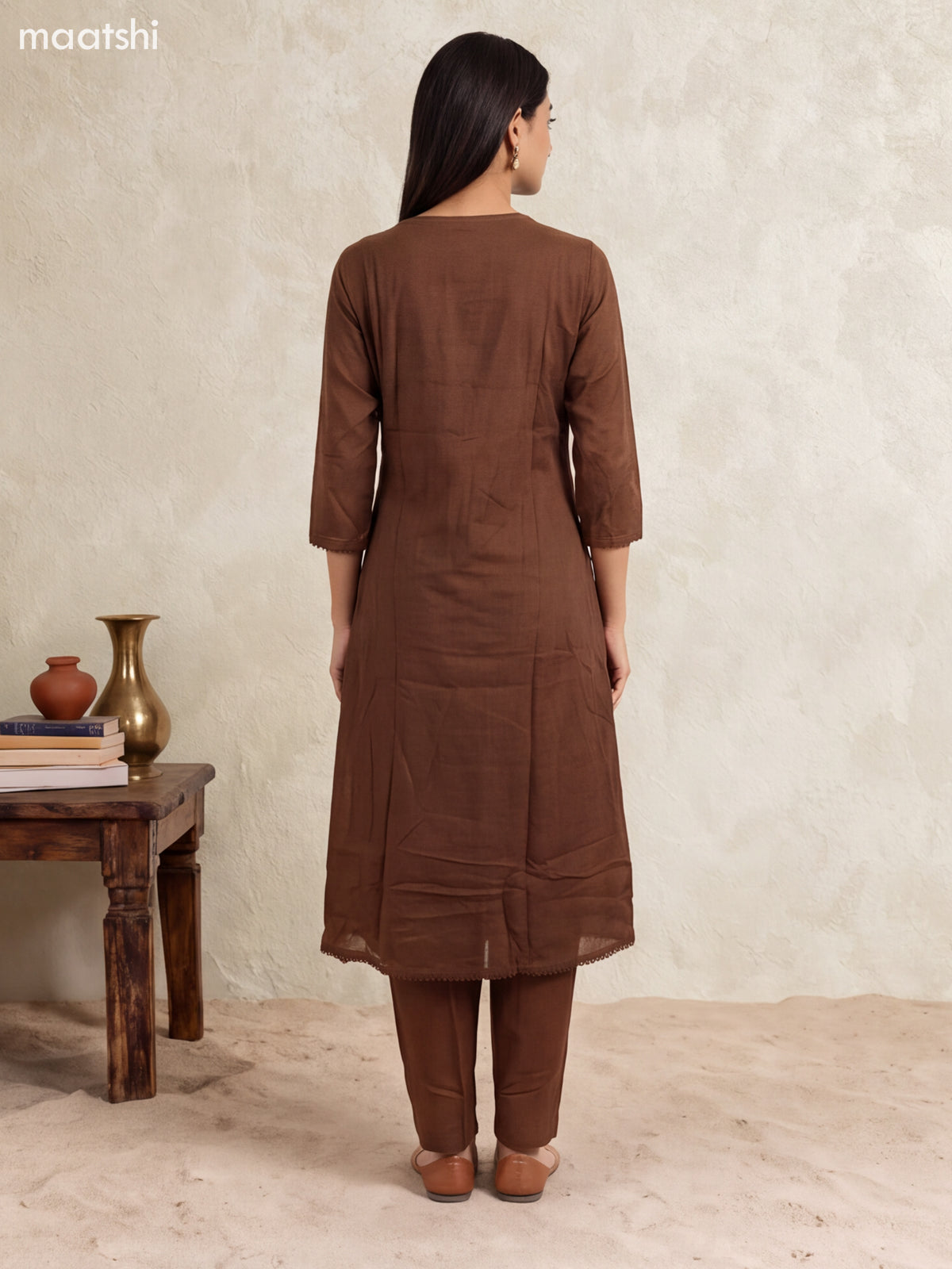 Brown Cotton Embroidery Work Neck Pattern Anarkali Suit