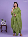 Green and Off White Cotton Bandhani Printed & Simple Embroidery Work Neck Pattern