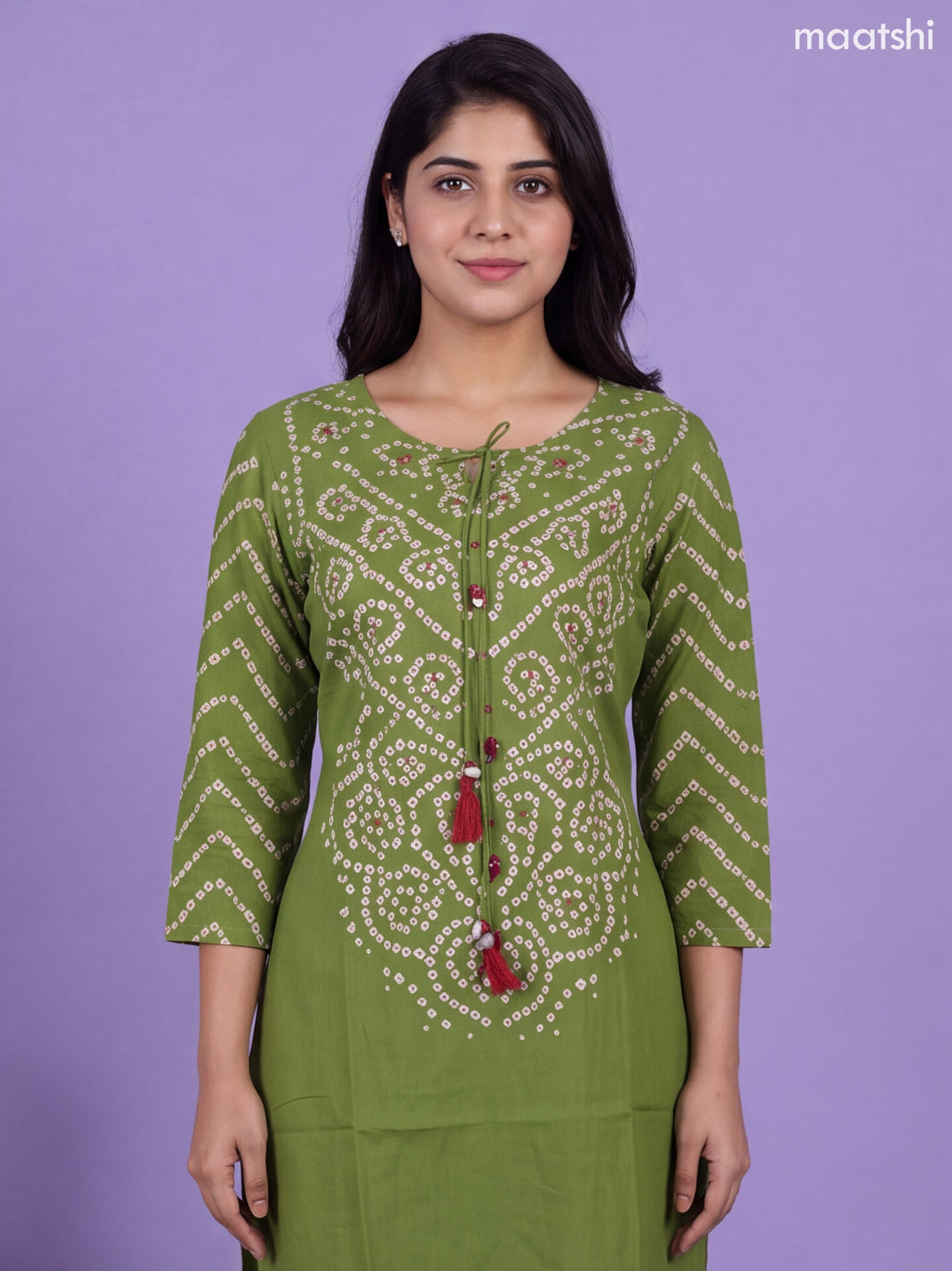 Green and Off White Cotton Bandhani Printed & Simple Embroidery Work Neck Pattern