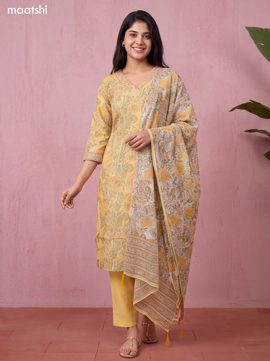 Pale Yellow Chanderi Allover Floral Prints & Embroidery Work Straight Suit