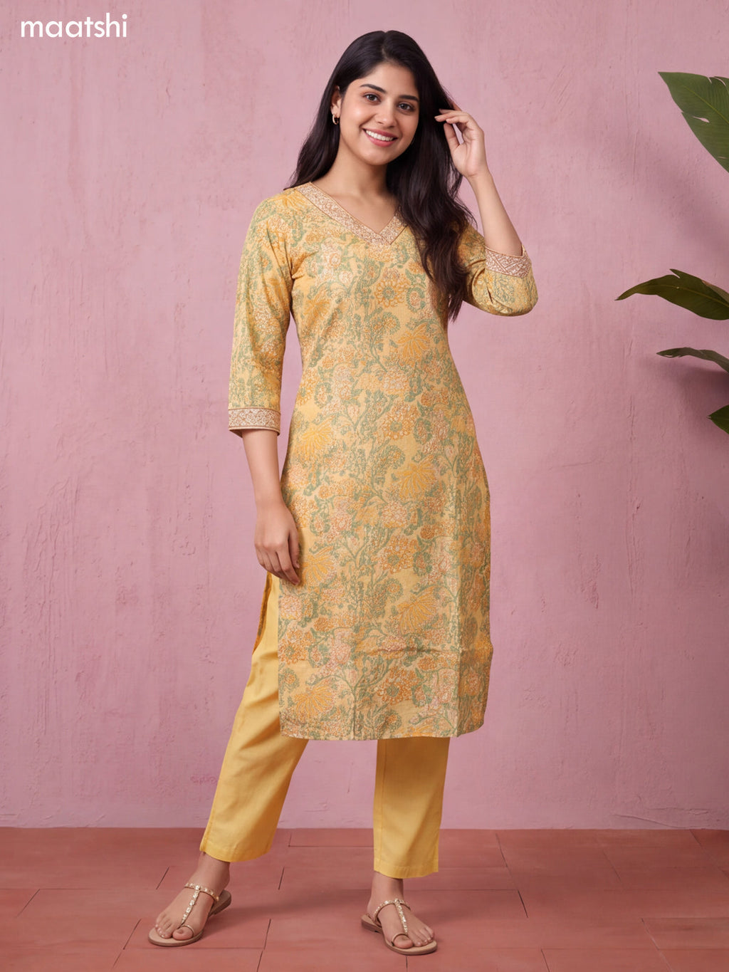 Pale Yellow Chanderi Allover Floral Prints & Embroidery Work Straight Suit