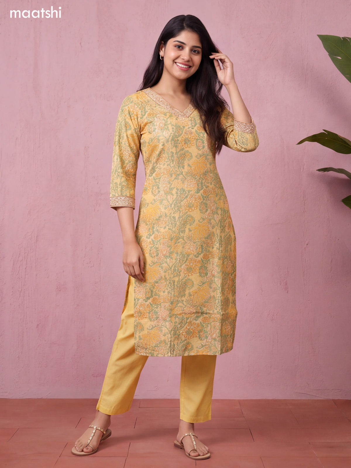 Pale Yellow Chanderi Allover Floral Prints & Embroidery Work Straight Suit