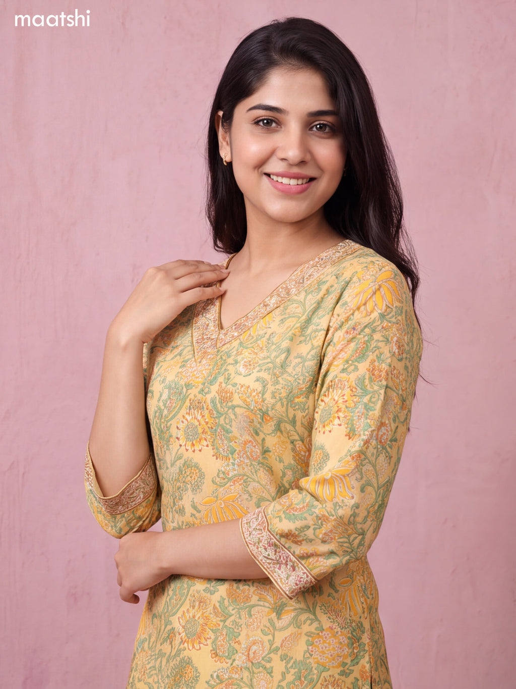 Pale Yellow Chanderi Allover Floral Prints & Embroidery Work Straight Suit