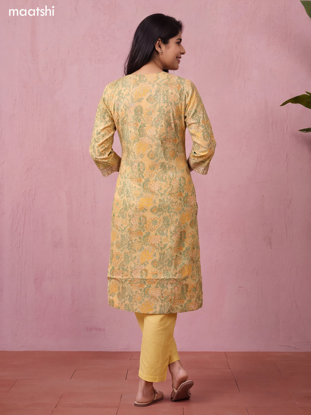 Pale Yellow Chanderi Allover Floral Prints & Embroidery Work Straight Suit