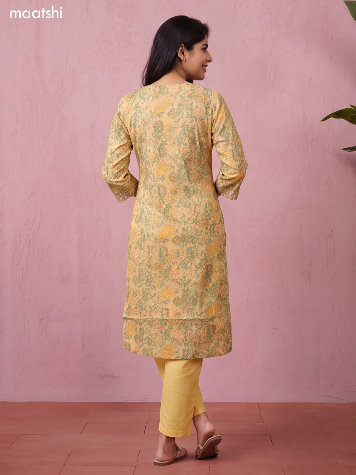 Pale Yellow Chanderi Allover Floral Prints & Embroidery Work Straight Suit