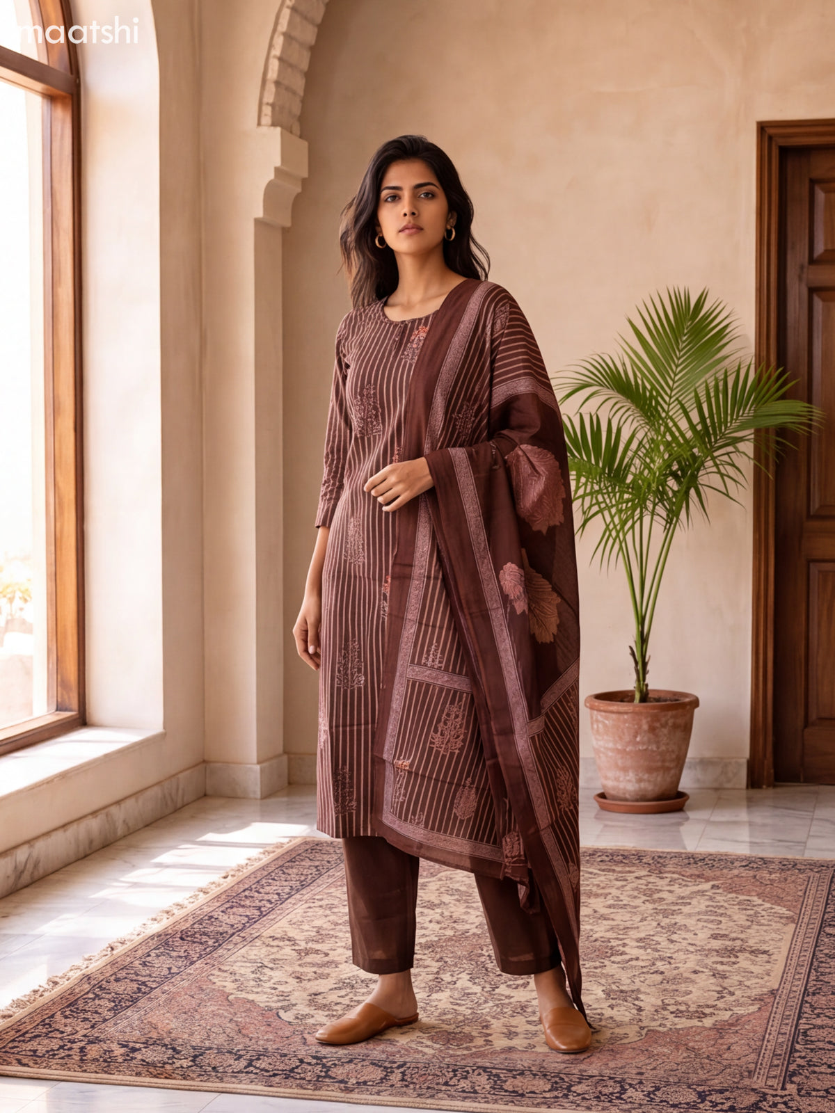 Coffee Brown and Peach Pink Cotton Printed & Embroidery Work Straight Suit