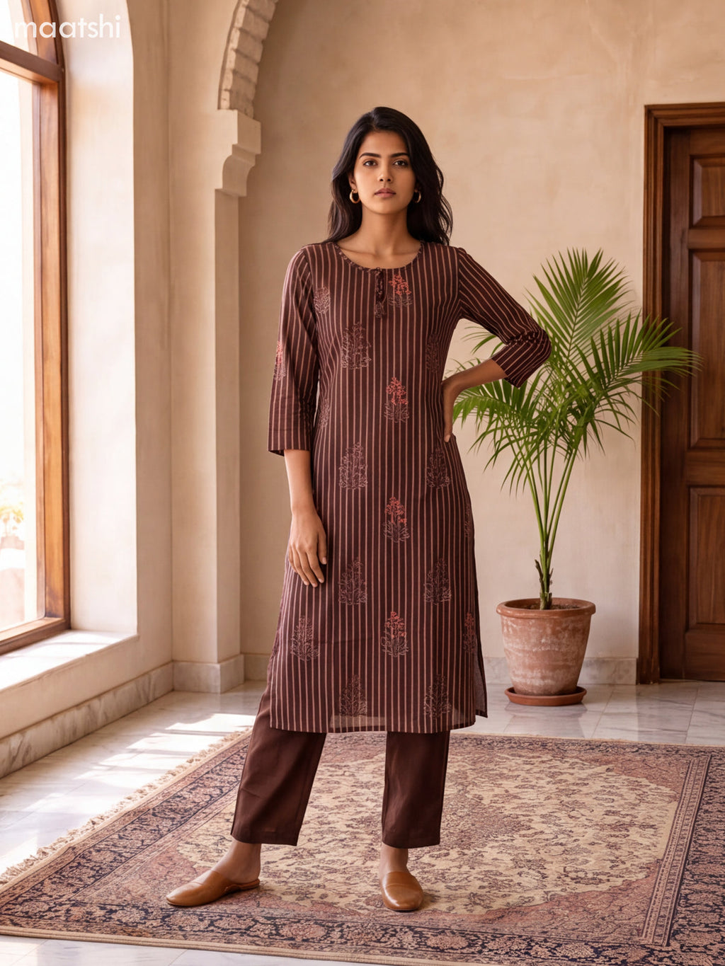 Coffee Brown and Peach Pink Cotton Printed & Embroidery Work Straight Suit