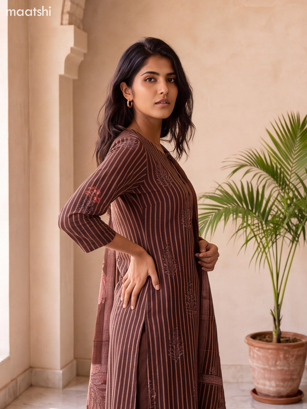 Coffee Brown and Peach Pink Cotton Printed & Embroidery Work Straight Suit
