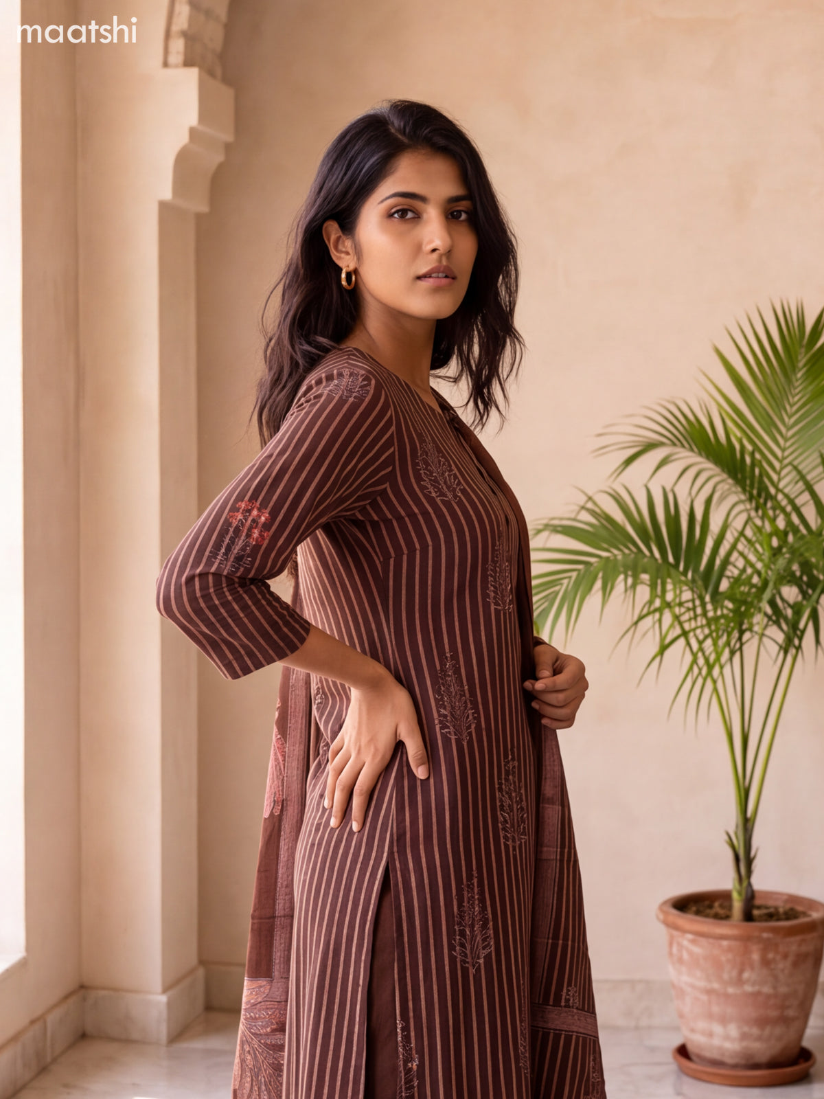 Coffee Brown and Peach Pink Cotton Printed & Embroidery Work Straight Suit