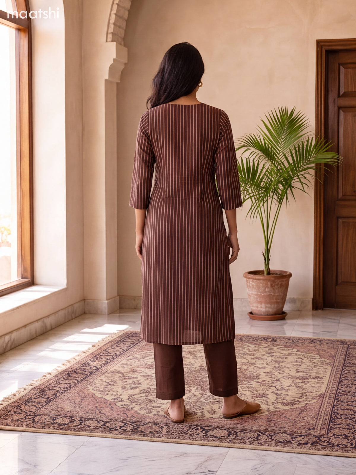 Coffee Brown and Peach Pink Cotton Printed & Embroidery Work Straight Suit