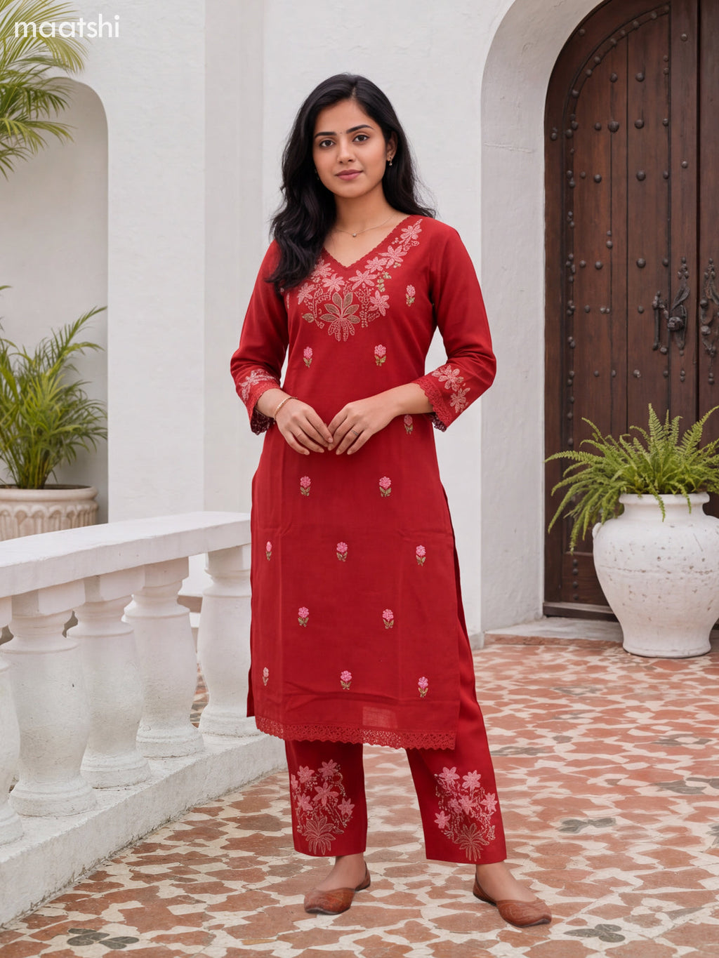 Dark Rust Cotton Embroidery Work Long Co-Ord Set