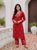 Dark Rust Cotton Embroidery Work Long Co-Ord Set