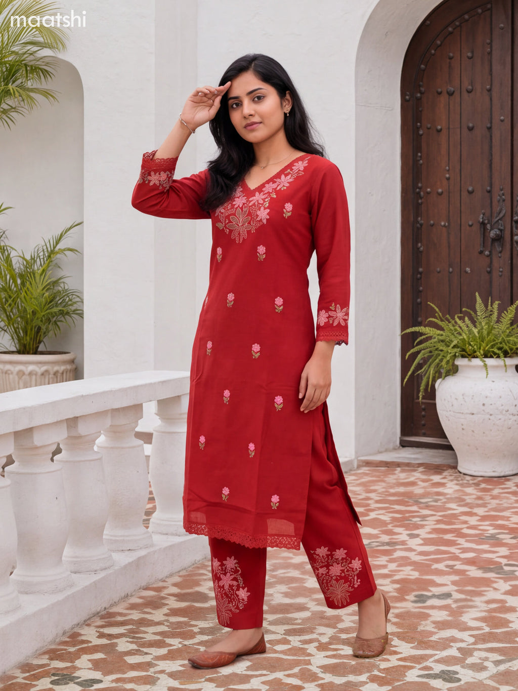 Dark Rust Cotton Embroidery Work Long Co-Ord Set