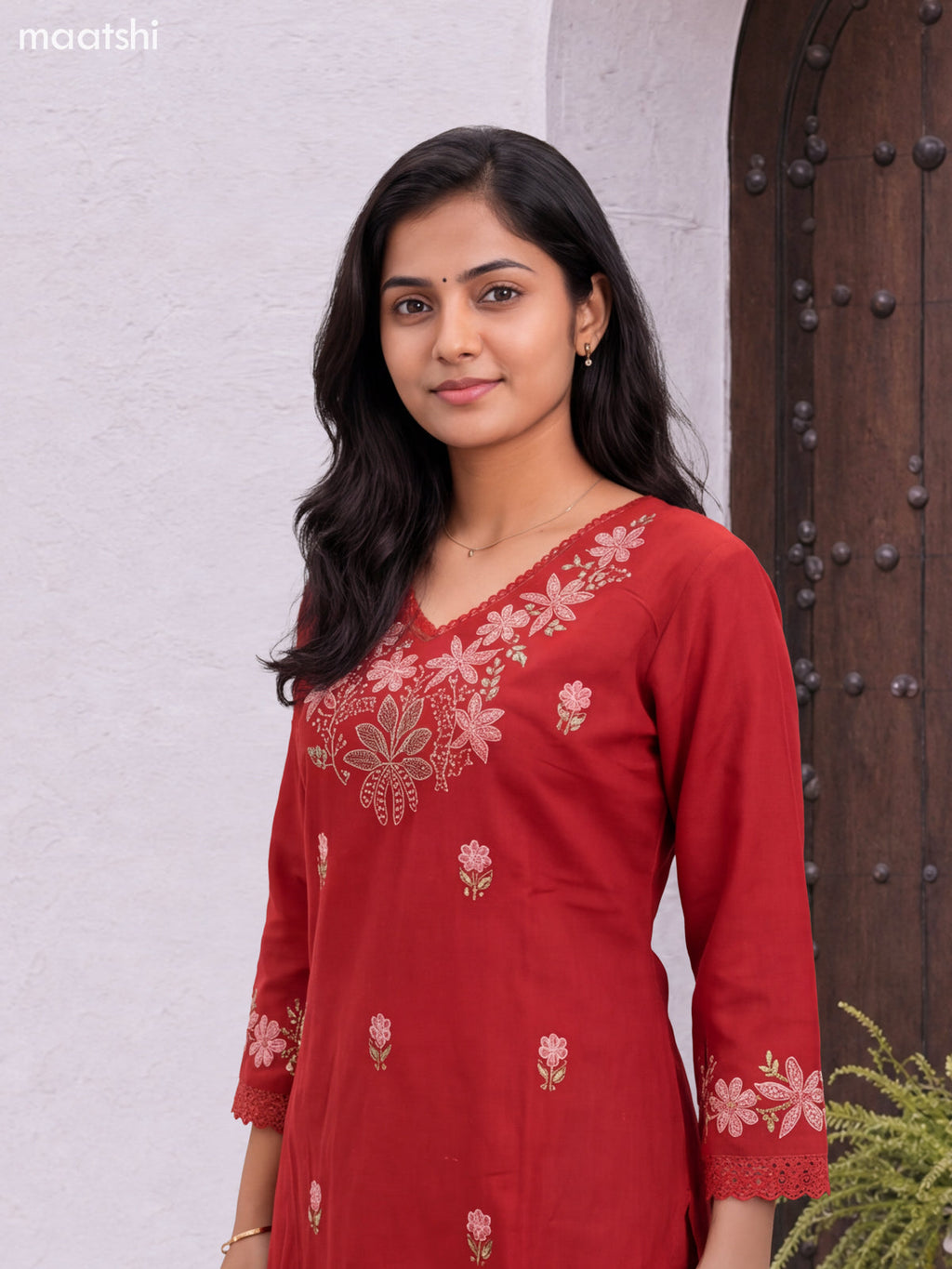 Dark Rust Cotton Embroidery Work Long Co-Ord Set