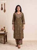 Dark Mehendi Green Cotton Embroidery Work Long Co-Ord Set