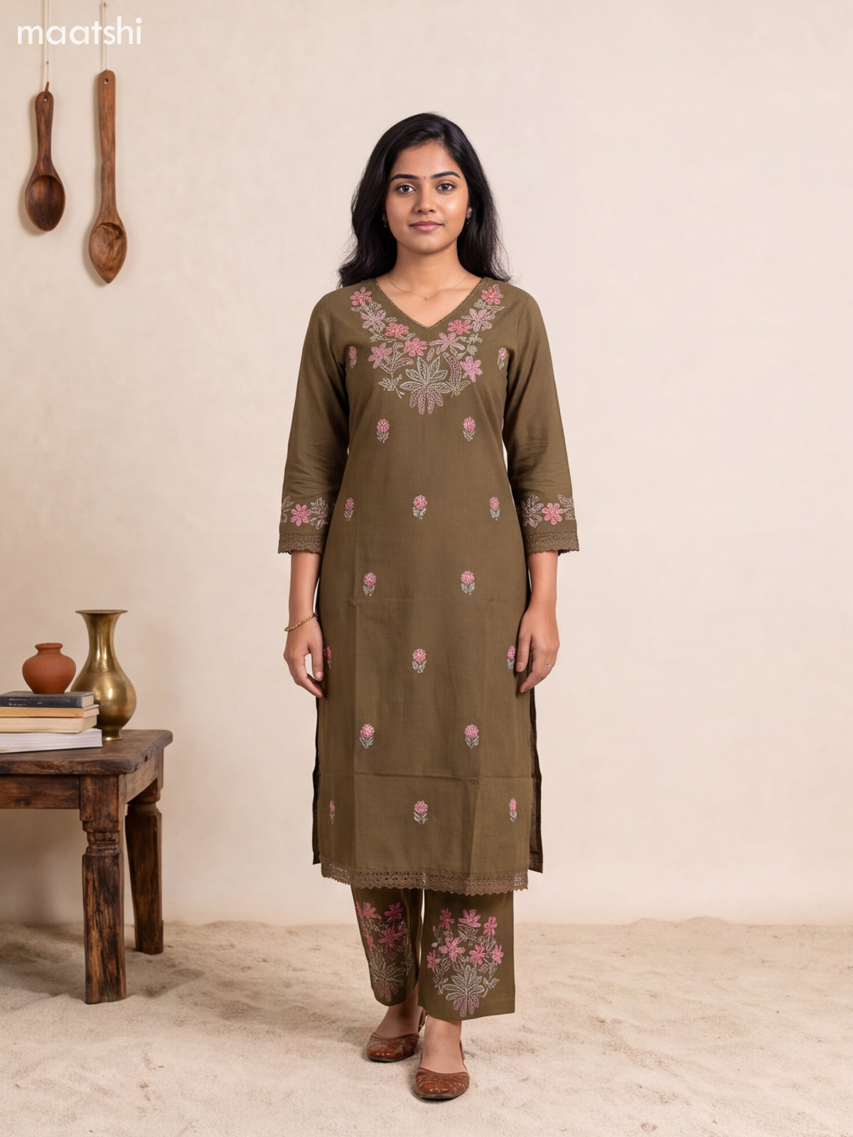 Dark Mehendi Green Cotton Embroidery Work Long Co-Ord Set
