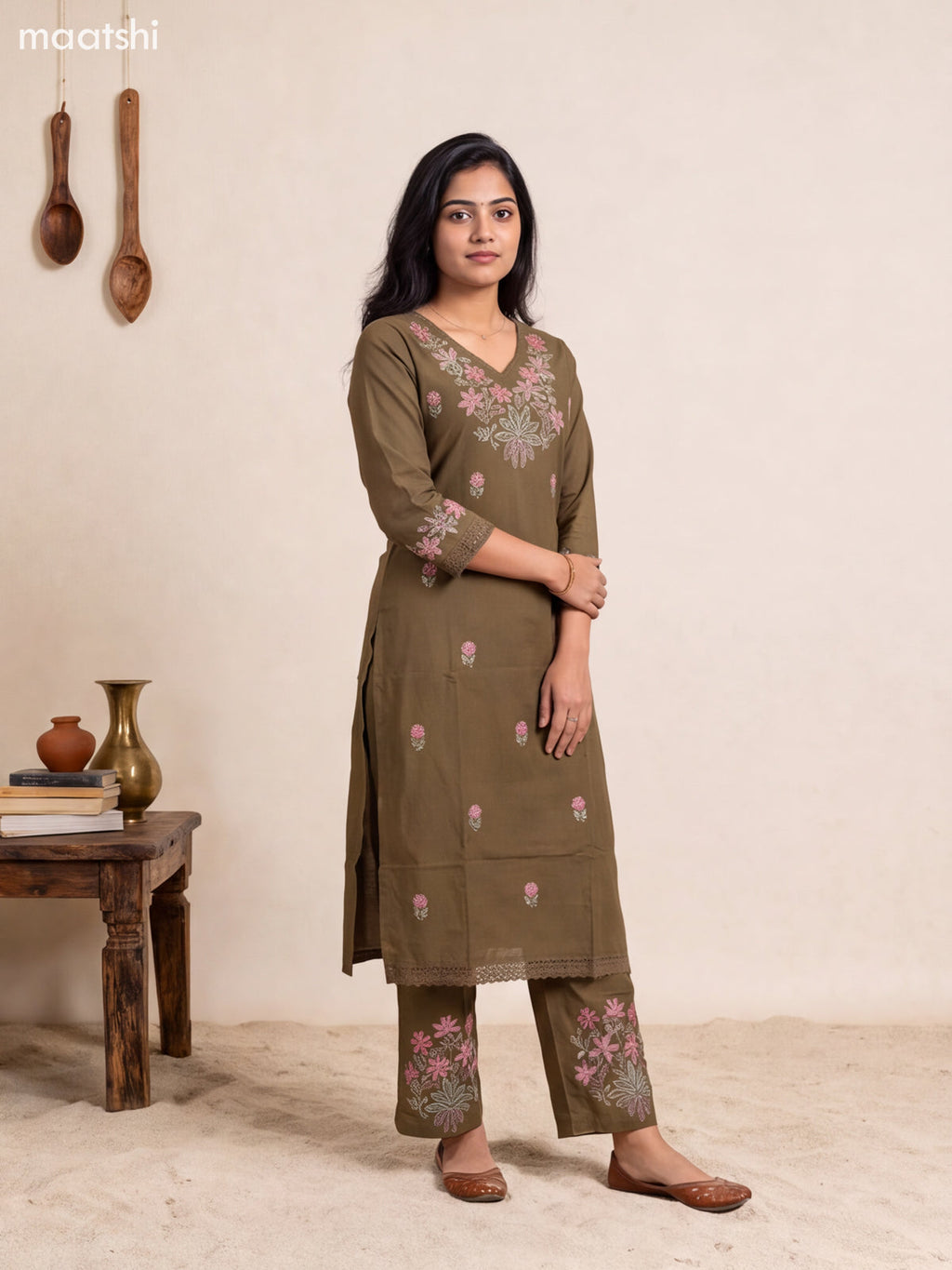 Dark Mehendi Green Cotton Embroidery Work Long Co-Ord Set