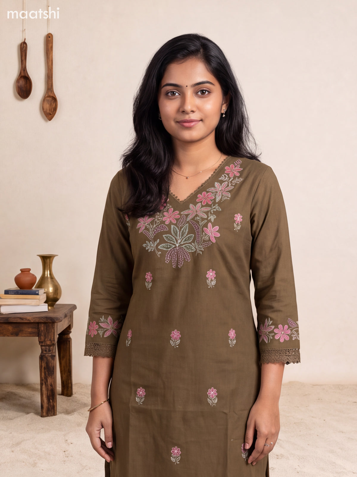 Dark Mehendi Green Cotton Embroidery Work Long Co-Ord Set