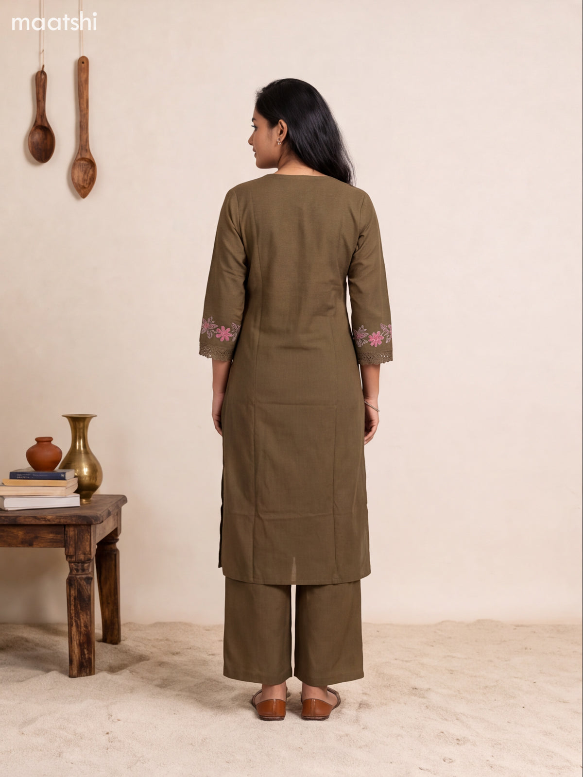 Dark Mehendi Green Cotton Embroidery Work Long Co-Ord Set
