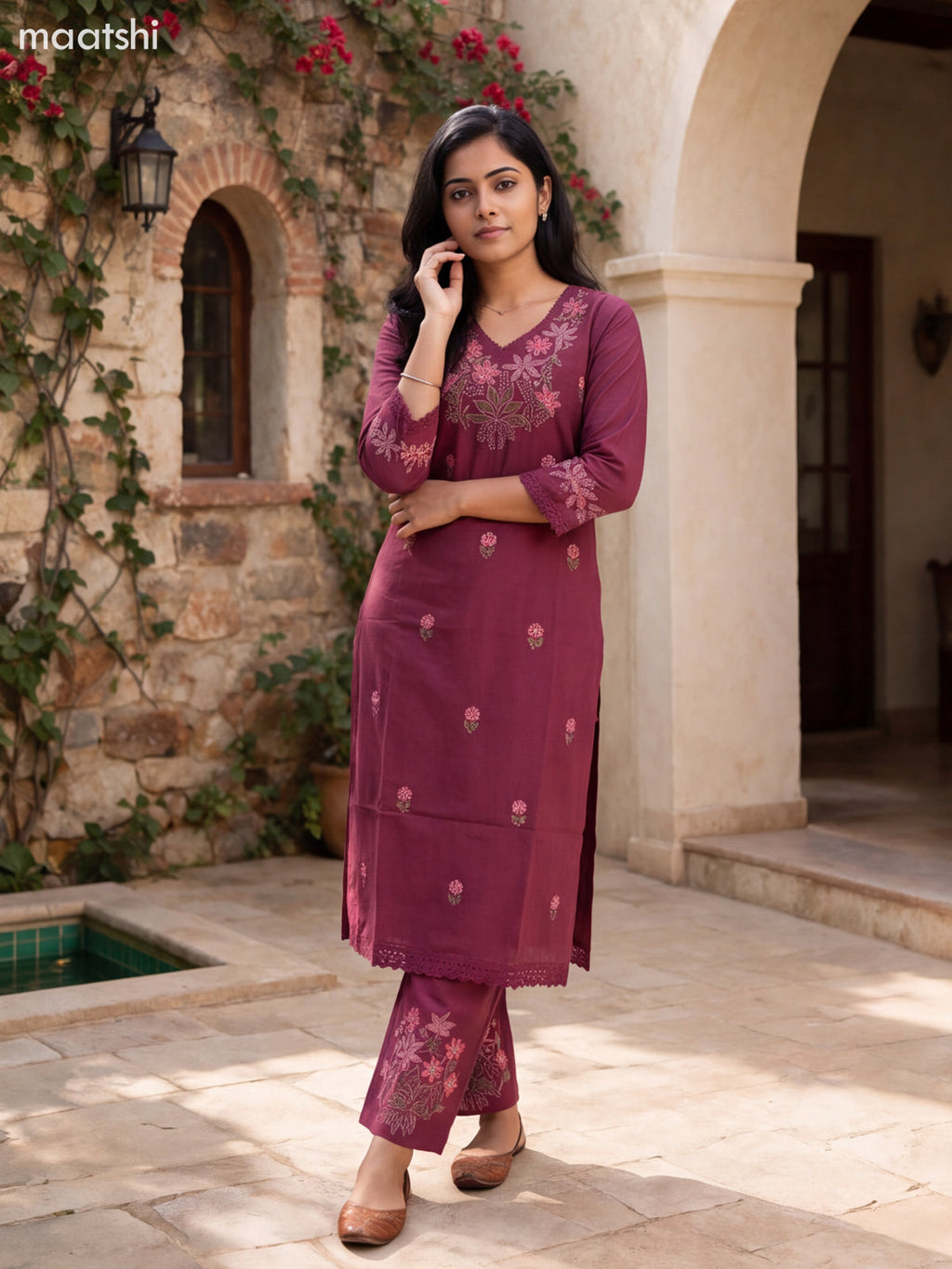 Dark Mauve Pink Cotton Embroidery Work Long Co-Ord Set