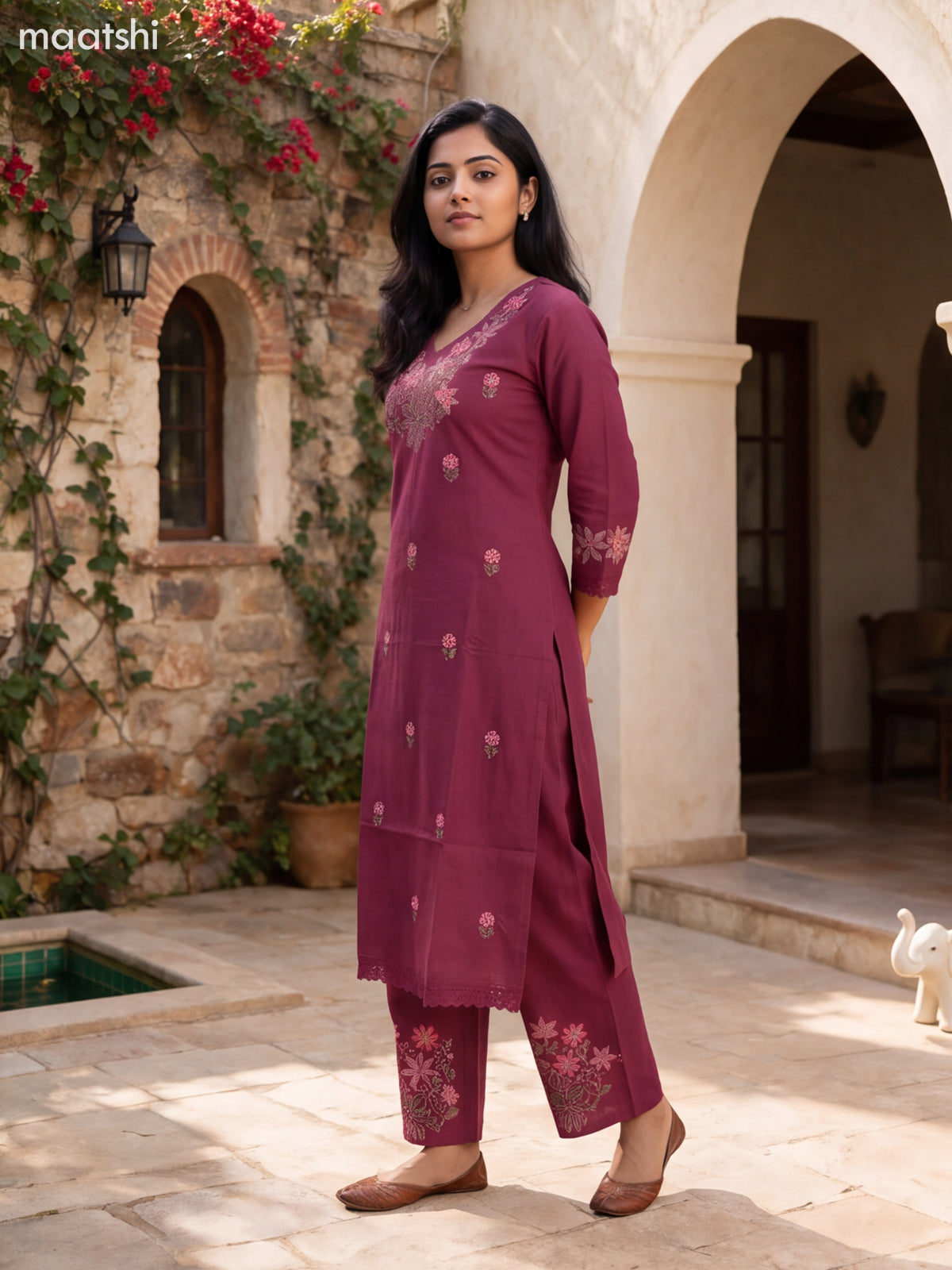 Dark Mauve Pink Cotton Embroidery Work Long Co-Ord Set