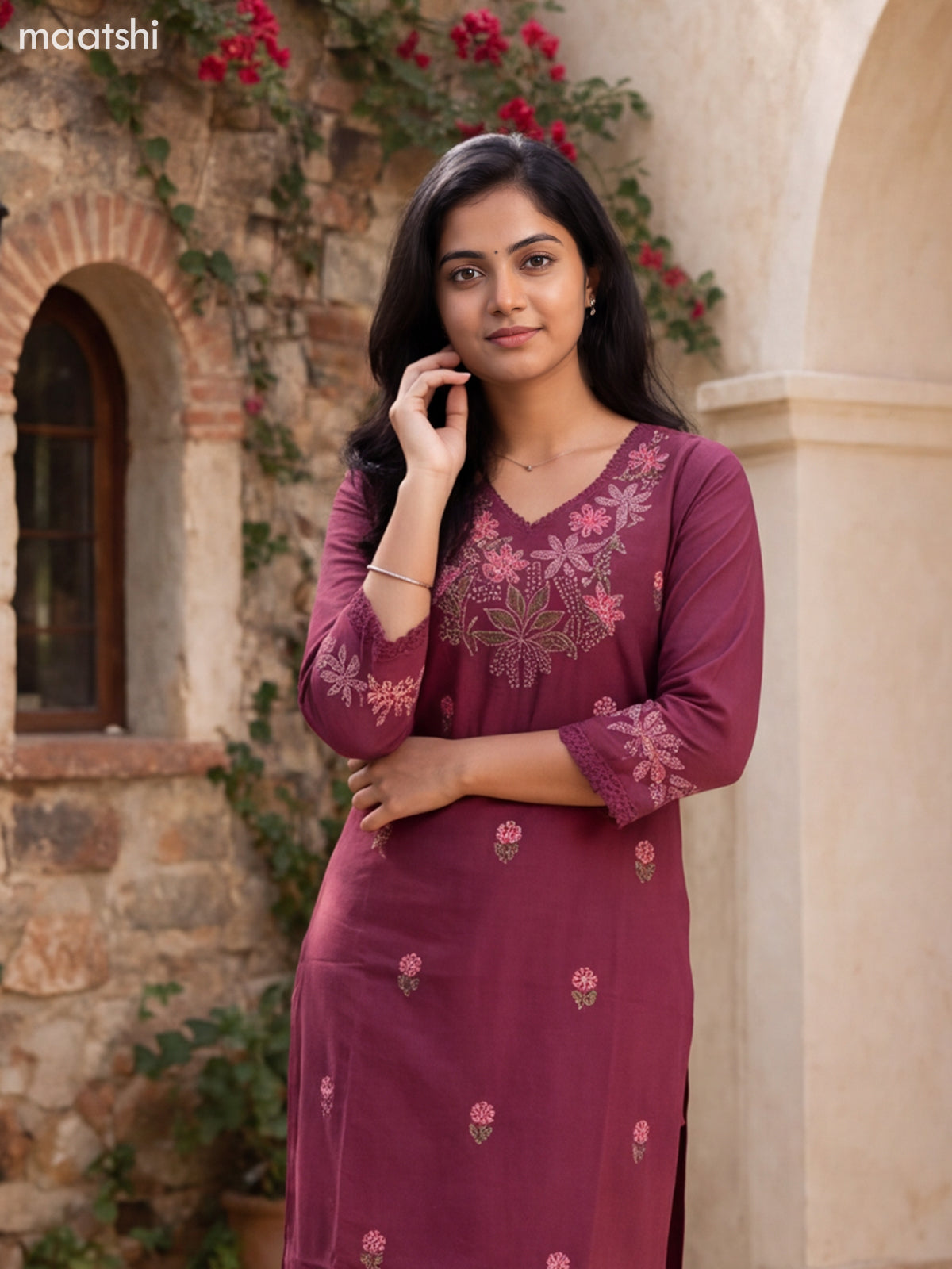 Dark Mauve Pink Cotton Embroidery Work Long Co-Ord Set