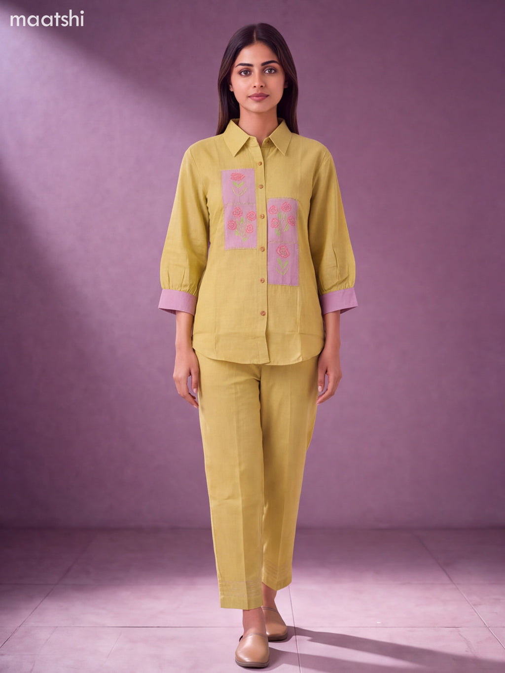 Mild Pista Green and Pastel Shade Cotton Embroidery Work Short Co-Ord Set