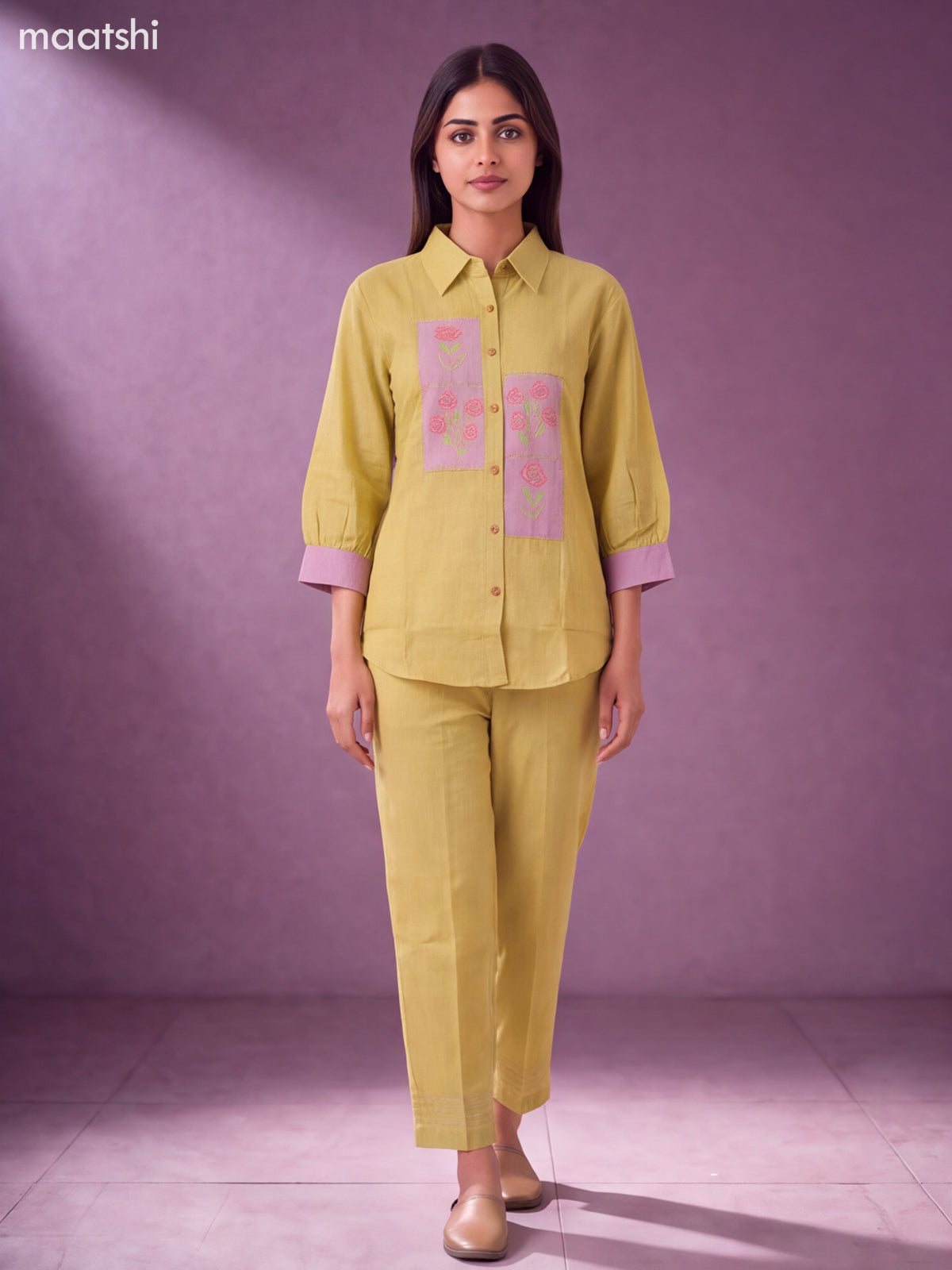 Mild Pista Green and Pastel Shade Cotton Embroidery Work Short Co-Ord Set