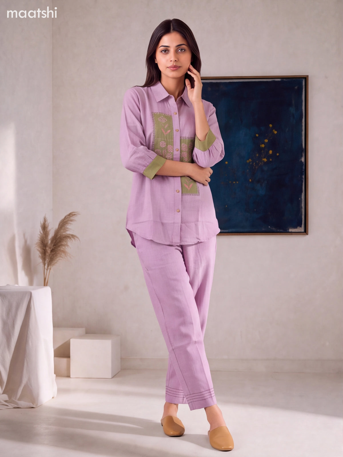 Pastel Shade and Mild Pista Green Cotton Embroidery Work Short Co-Ord Set