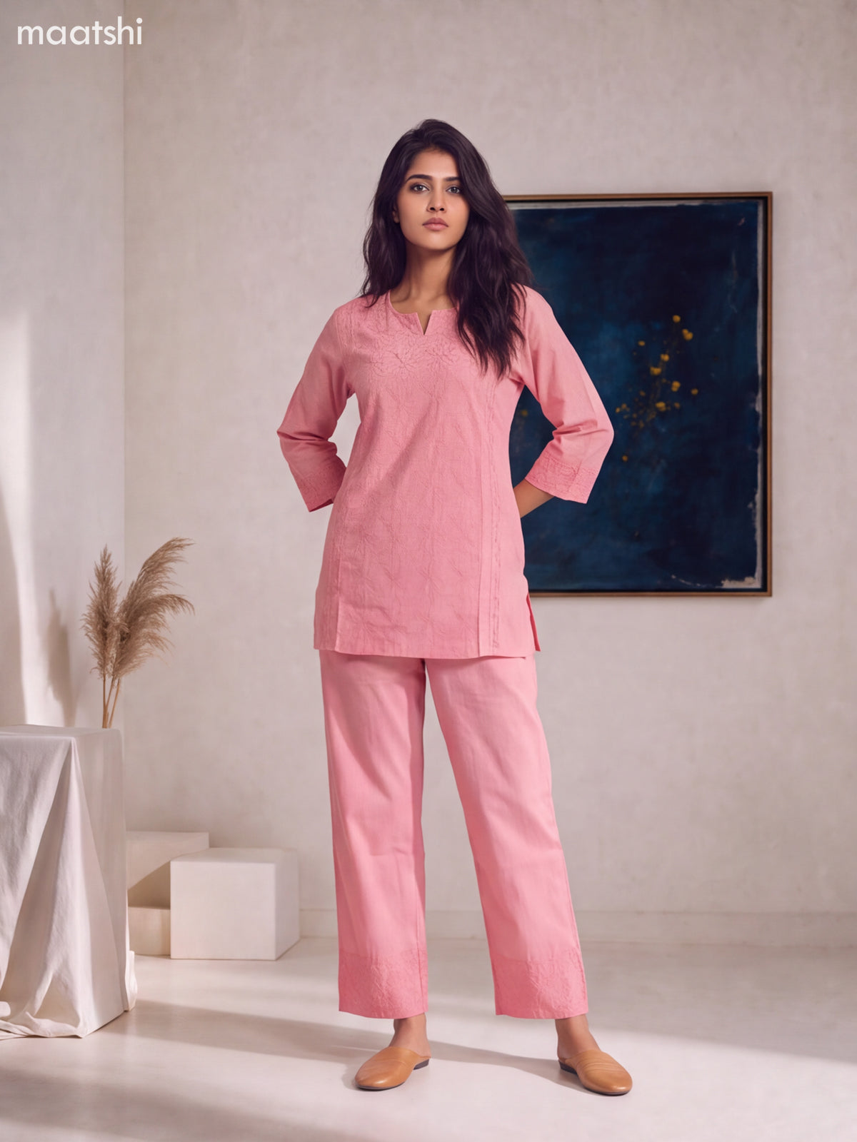 Peach Pink Cotton Embroidery Work Short Co-Ord Set