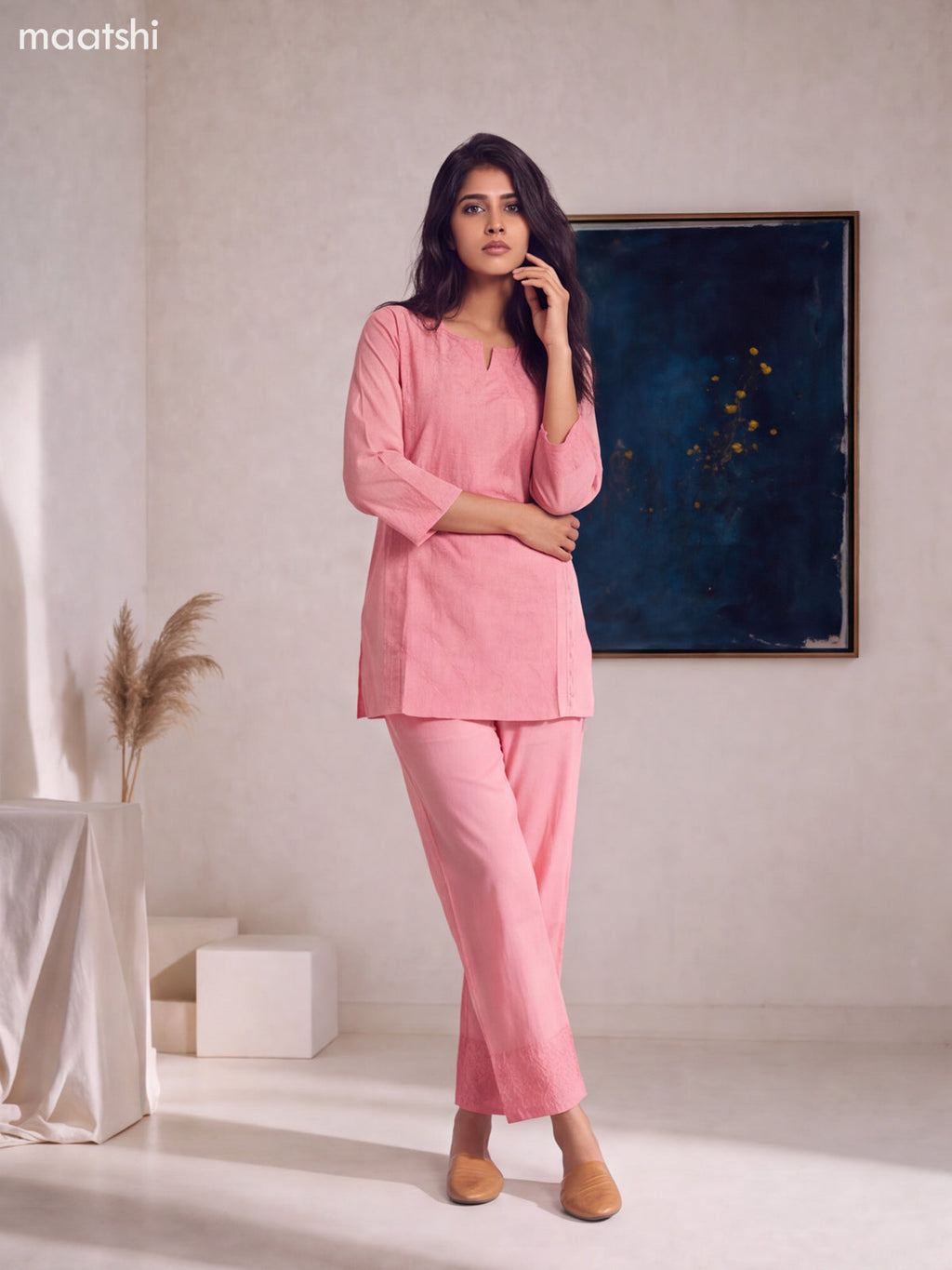 Peach Pink Cotton Embroidery Work Short Co-Ord Set
