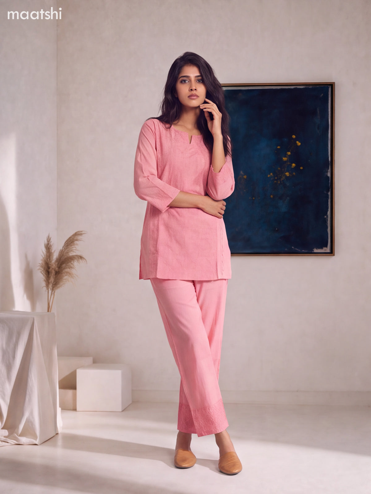 Peach Pink Cotton Embroidery Work Short Co-Ord Set