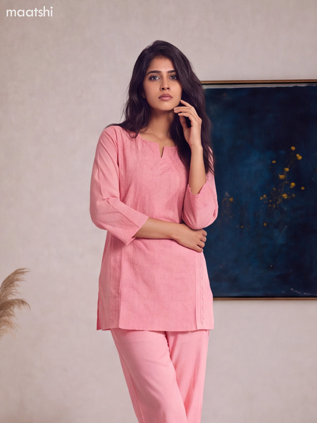 Peach Pink Cotton Embroidery Work Short Co-Ord Set