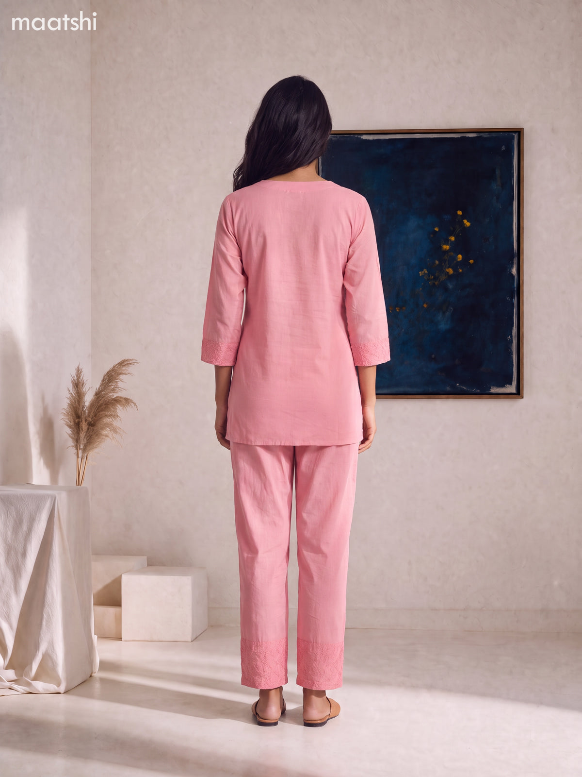 Peach Pink Cotton Embroidery Work Short Co-Ord Set