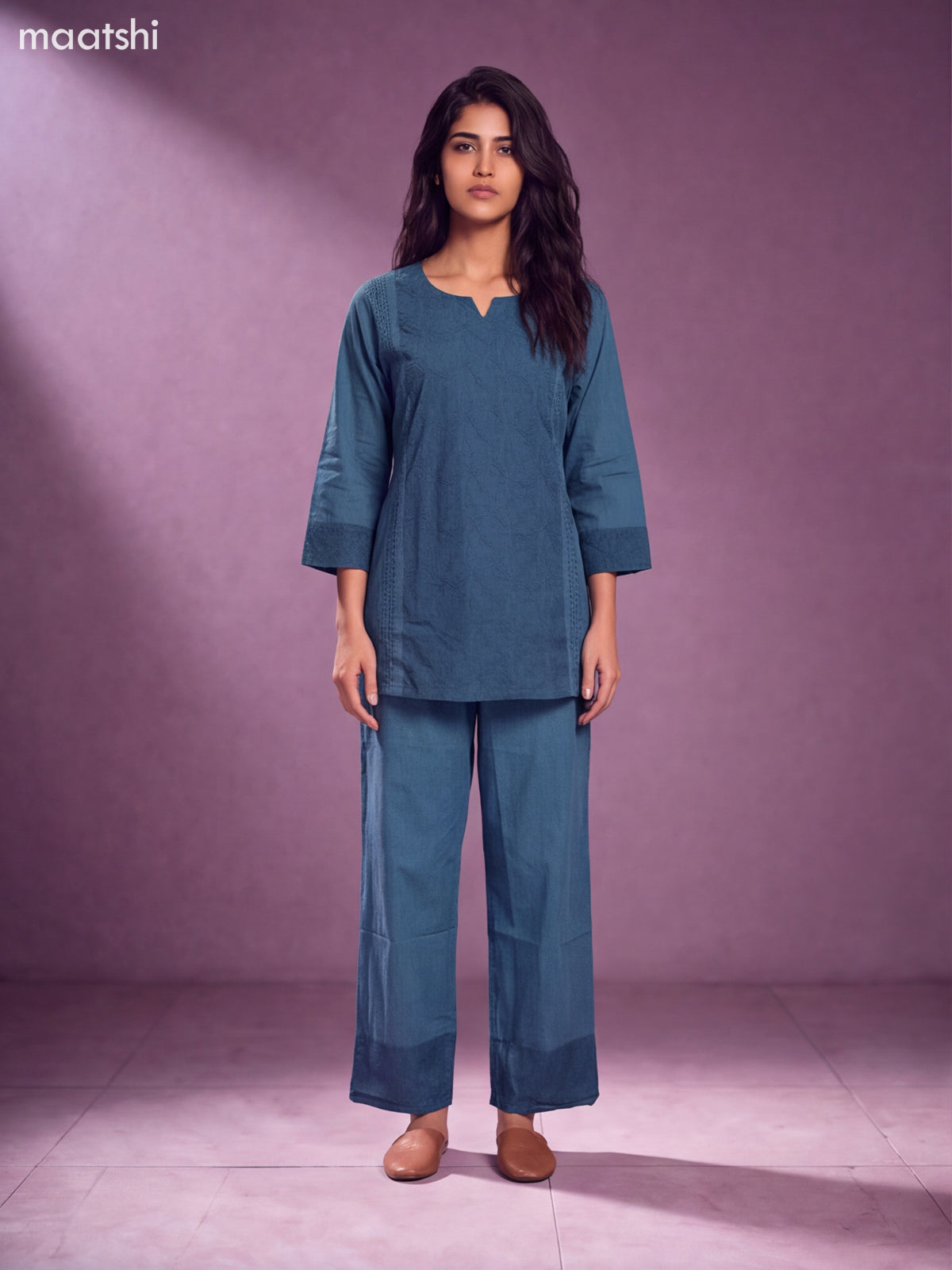 Blue Cotton Embroidery Work Short Co-Ord Set