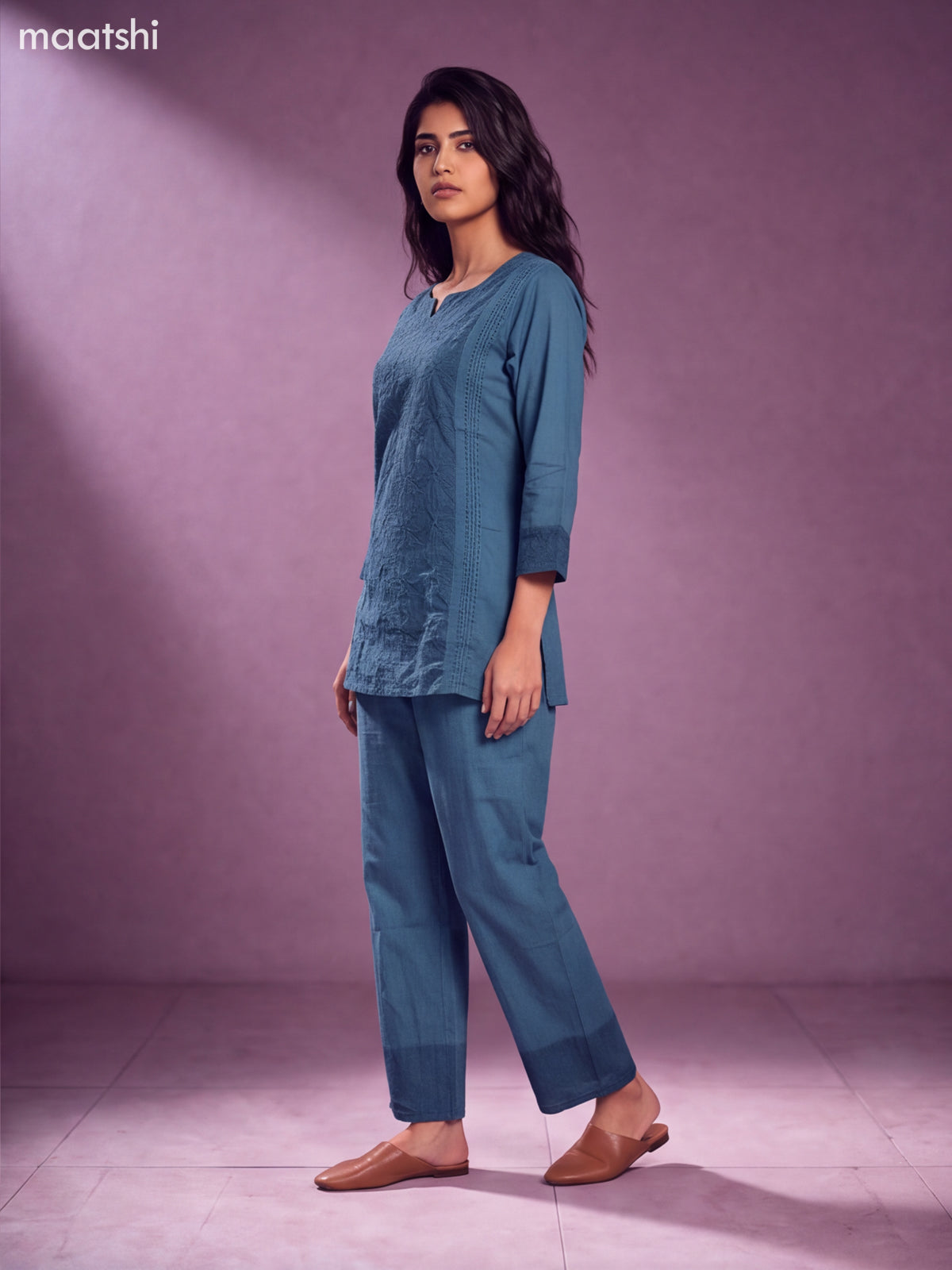 Blue Cotton Embroidery Work Short Co-Ord Set