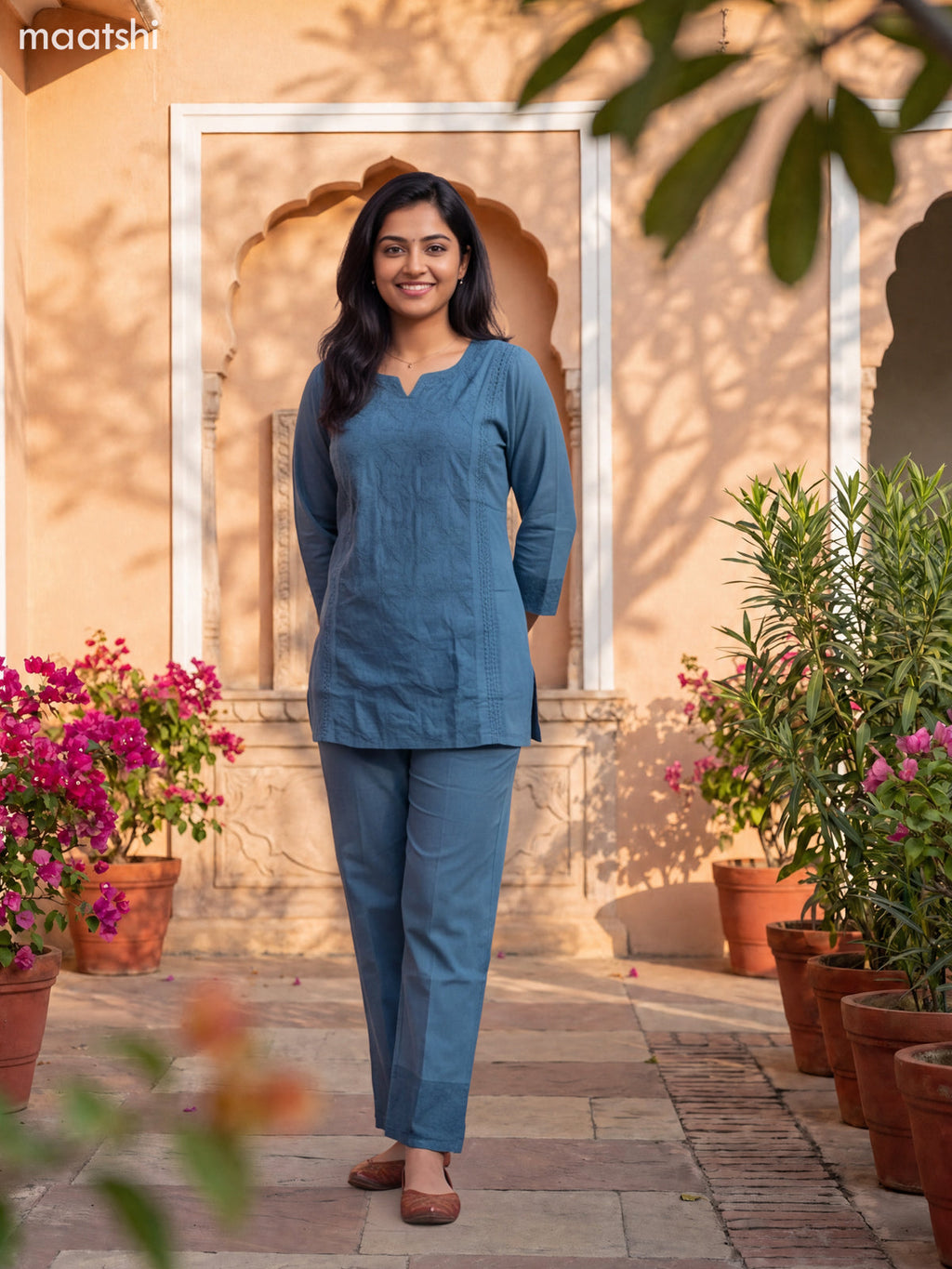 Peacock Green Cotton Embroidery Work Short Co-Ord Set