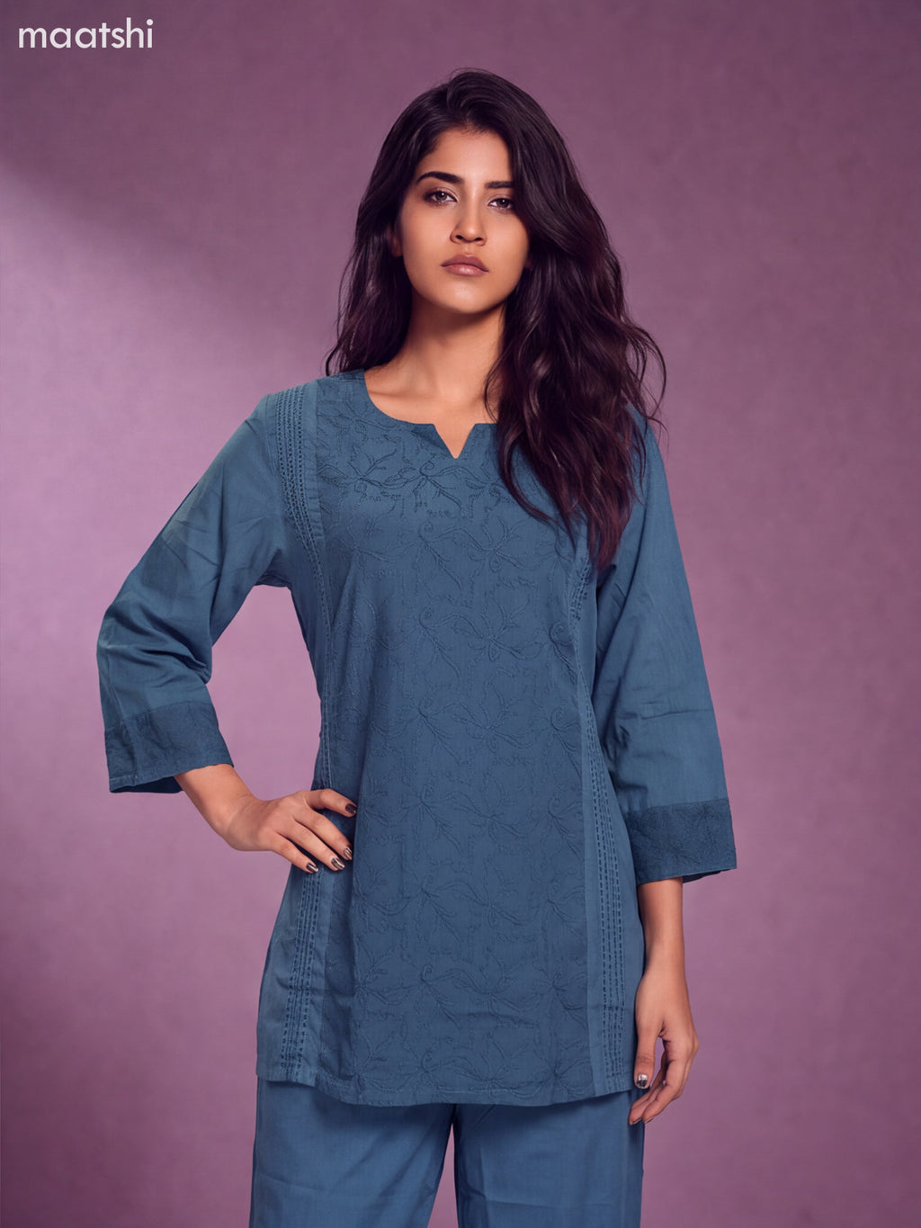 Blue Cotton Embroidery Work Short Co-Ord Set