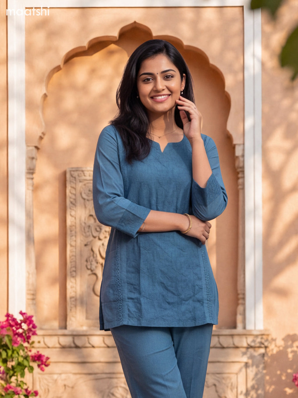 Peacock Green Cotton Embroidery Work Short Co-Ord Set