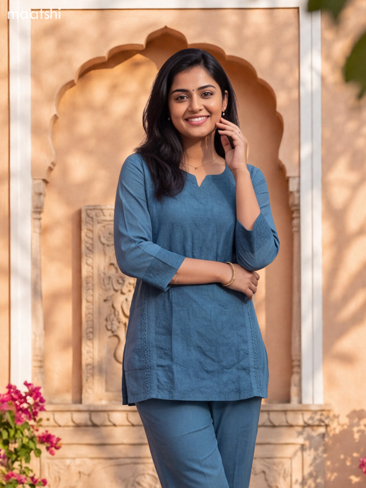Peacock Green Cotton Embroidery Work Short Co-Ord Set