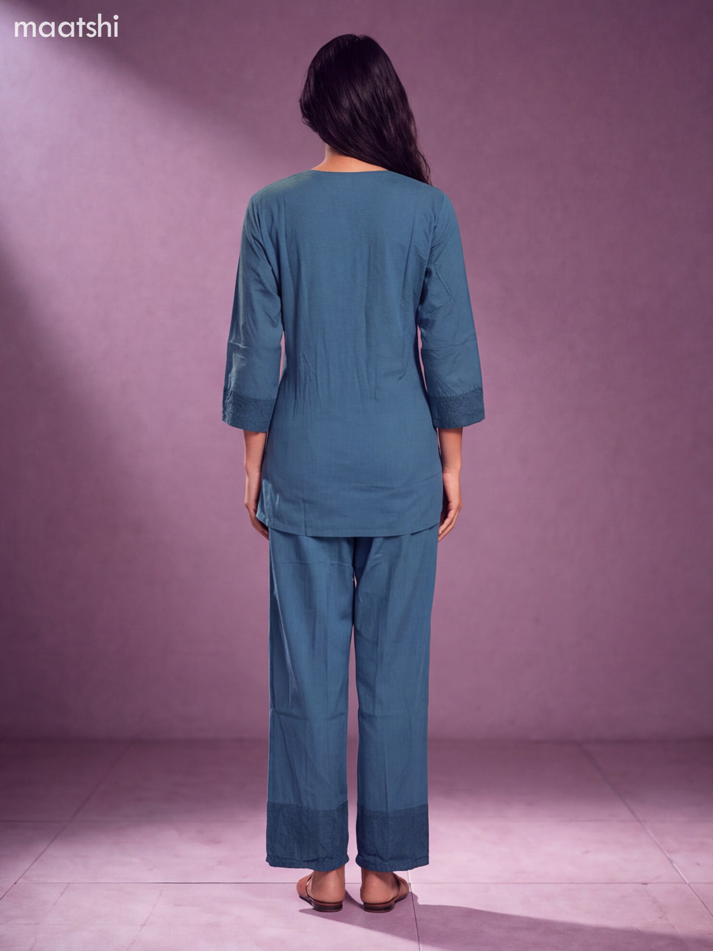 Blue Cotton Embroidery Work Short Co-Ord Set