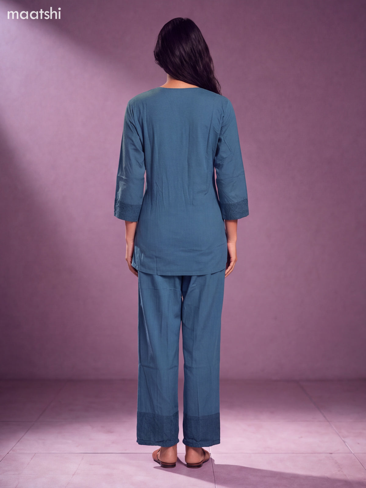 Blue Cotton Embroidery Work Short Co-Ord Set