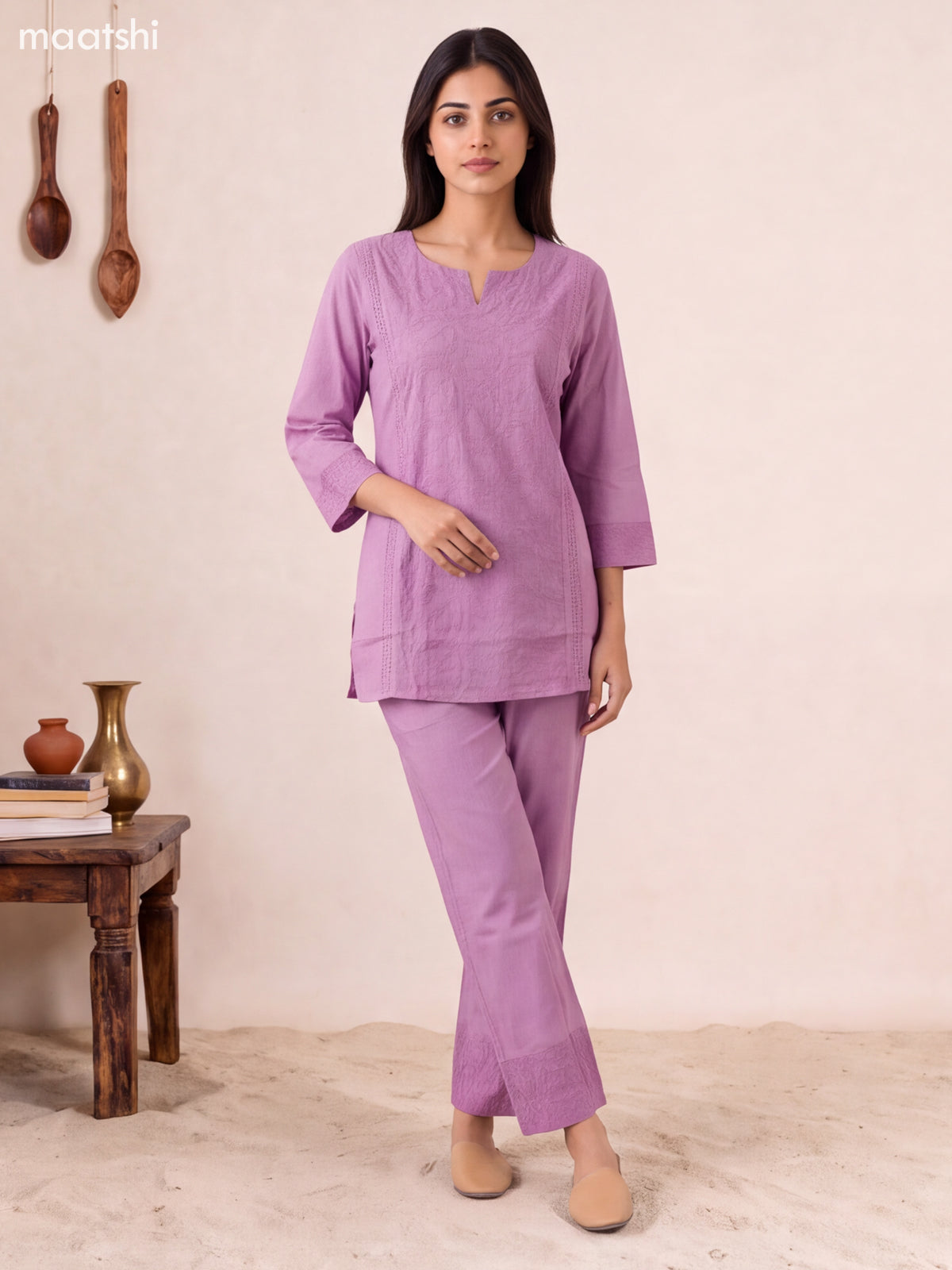 Pastel Pink Cotton Embroidery Work Short Co-Ord Set