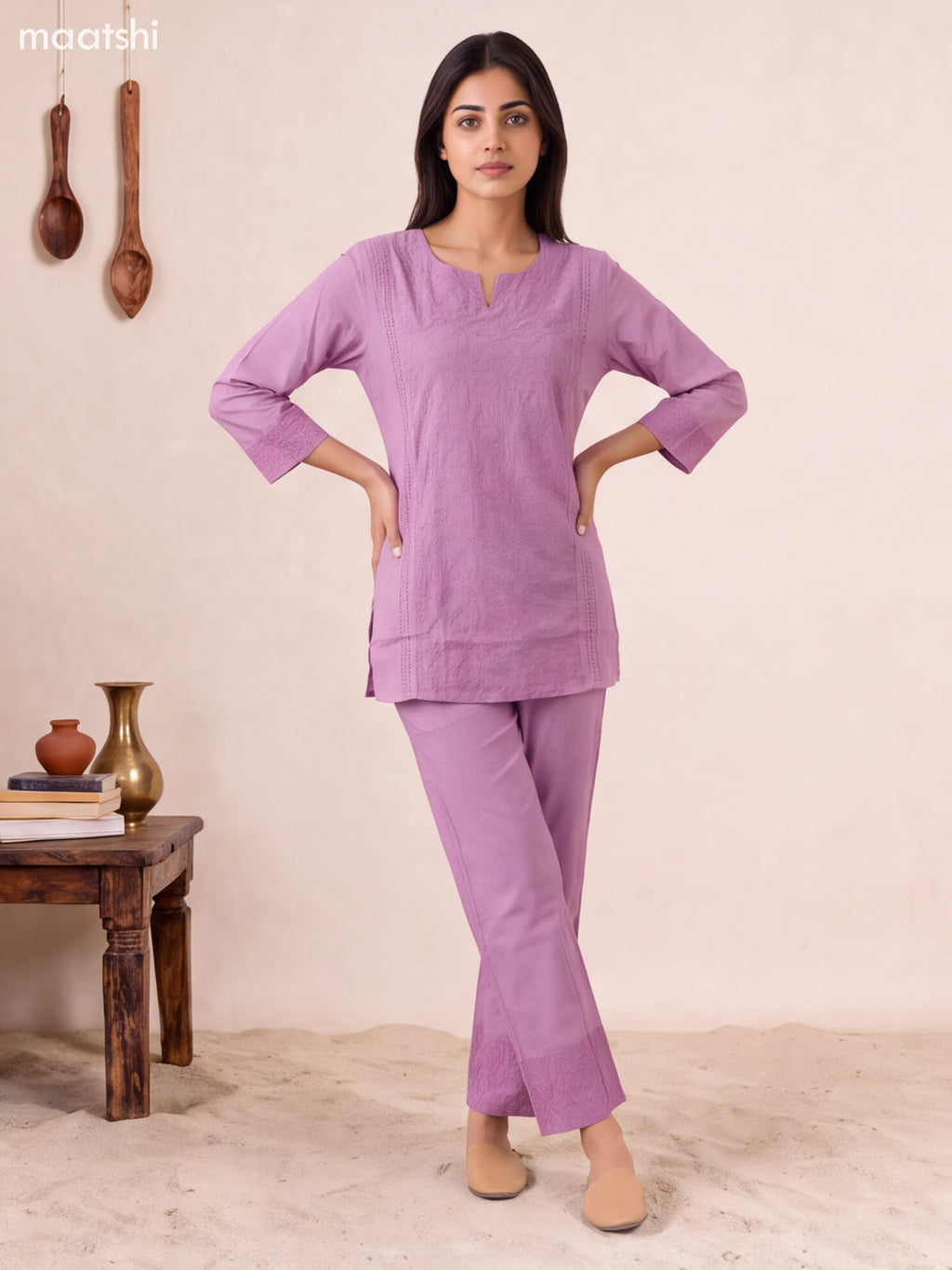 Pastel Pink Cotton Embroidery Work Short Co-Ord Set