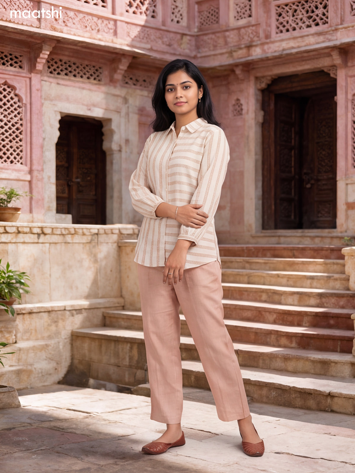 Off White and Brown Cotton Embroidery Work Short Co-Ord Set
