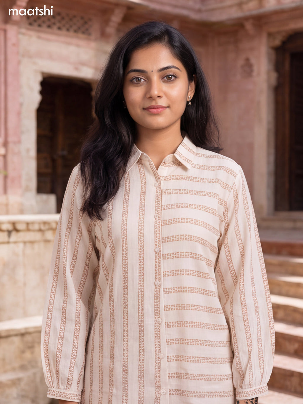 Off White and Brown Cotton Embroidery Work Short Co-Ord Set
